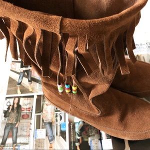 Suede fringe & beaded boots Tan Camel